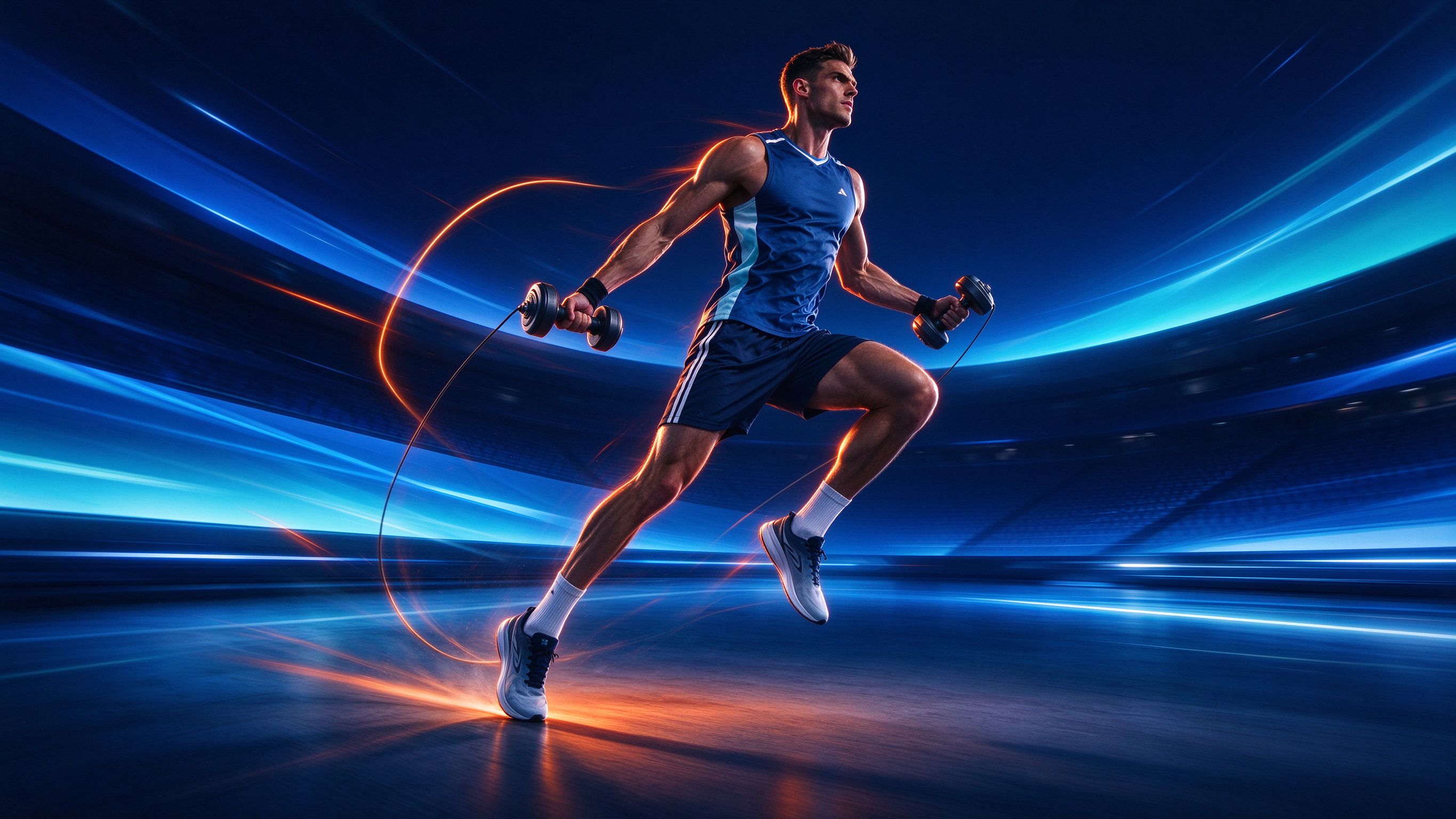 Athlete training with dumbbells in an energetic arena