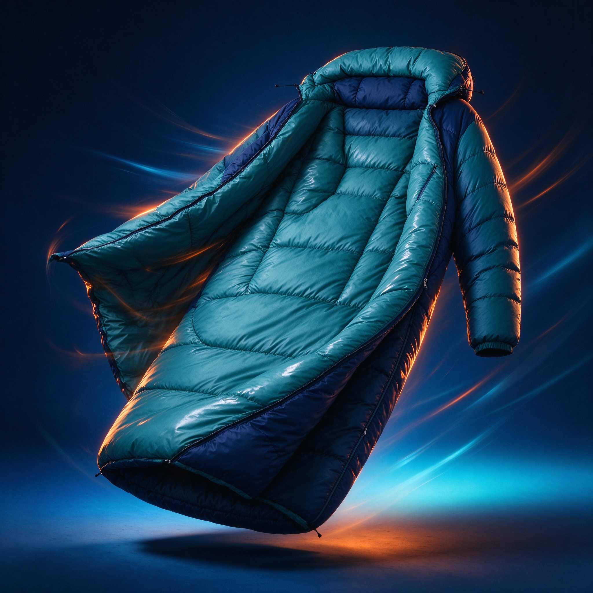 Cold-weather sleeping bag billowing mid-air